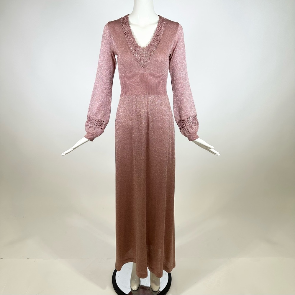 70’s Wenjilli Dress Maxi Long Balloon Sleeve V-Neck Knitted Crochet Pink 9-10